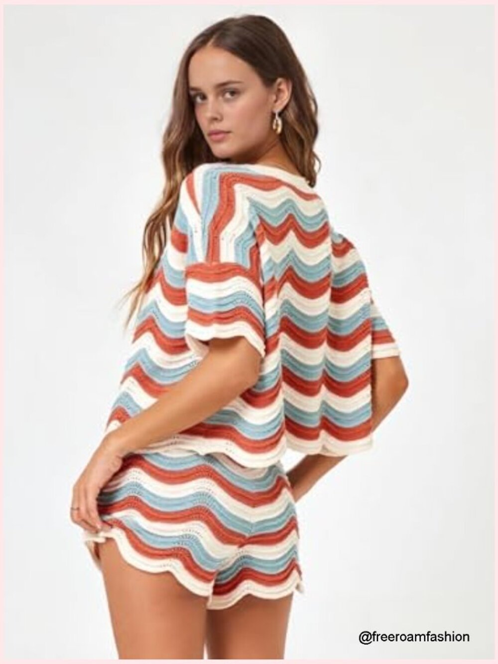 2 Piece Stripe Crochet Cover Up Set - Short Sleeve Top & Shorts - Picture 4 of 7